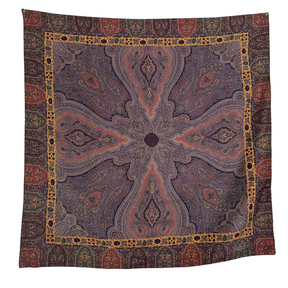 Vintage CHANEL Women's Blue & Gold Silk Wool Paisley Square Scarf Size 34" x 34"